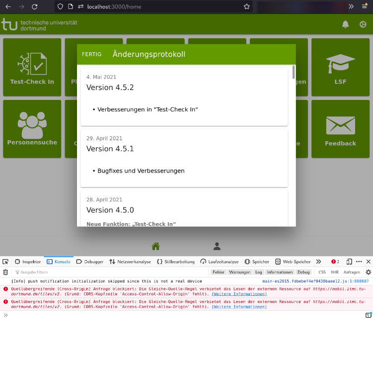 Browser in dem die grüne Oberfläche der TU-App zu sehen ist